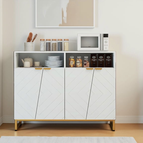 Barara King Modern Sideboard Buffet Cabinet with 4 Doors and Adjustable Shelves, Kitchen Storage Cabinet for Dining Room, Kicthen, Living Room, Restaurant, White