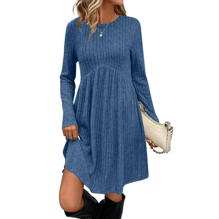 aohooy Long Sleeve Sweater Dress for Women - Crewneck Empire Waist Tunic Dresses  Ribbed Knit Knee Length Dress with Pockets Blue,XXL - Walmart.com
