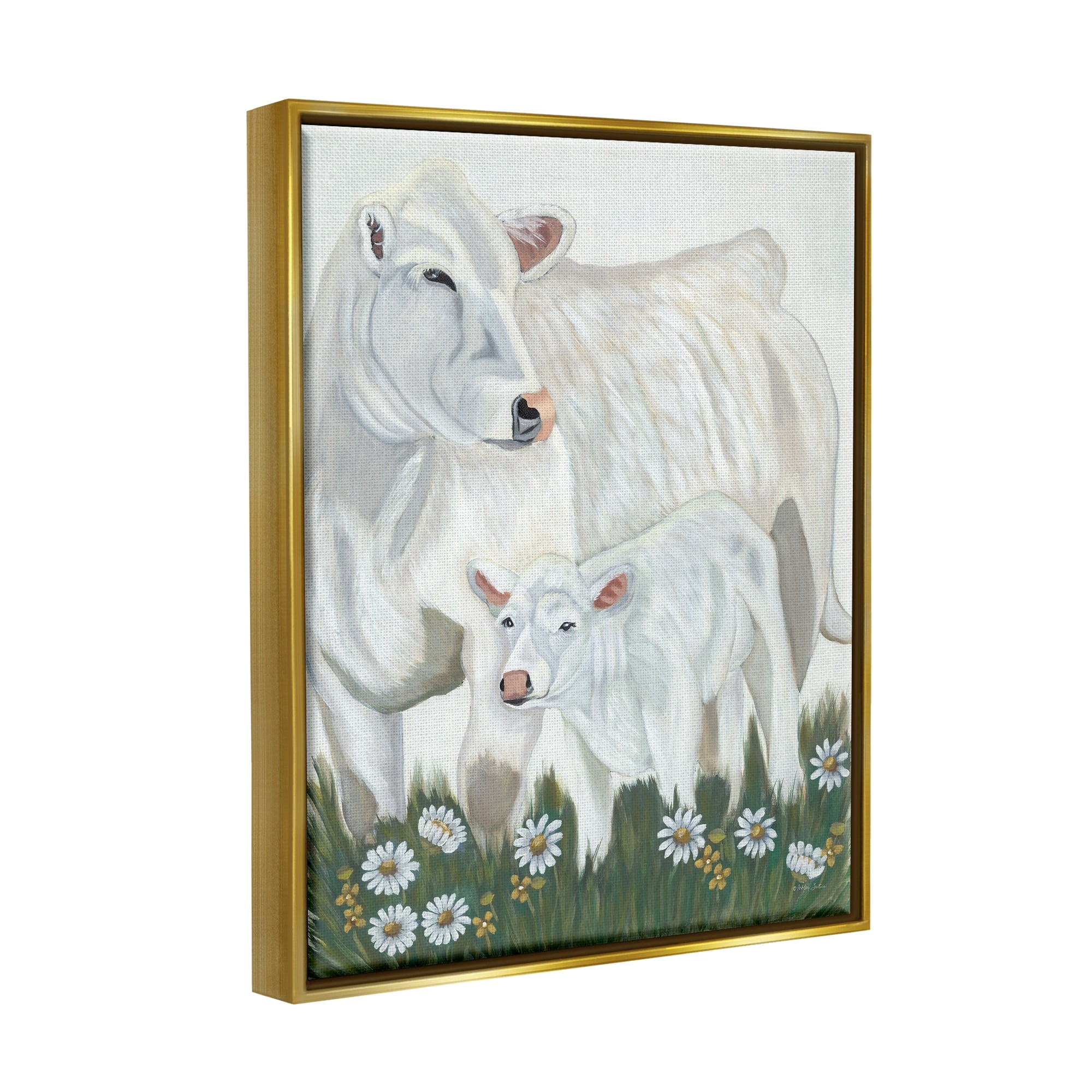 Stupell Industries White Cattle Family Mother Baby Calf Daisy Meadow Painting Metallic Gold Floating Framed Canvas Print Wall Art, Design by Ashley Justice