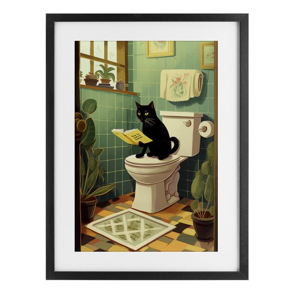 Cat Reading On Toilet Black Framed Print Under Glass, design by Andreas Magnusson