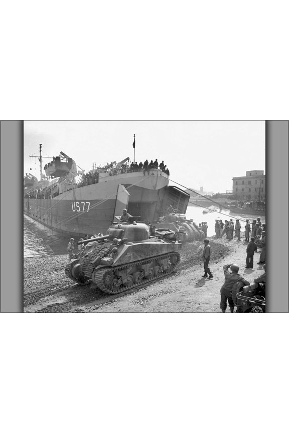 24"x36" Gallery Poster, M4 Sherman Tank disembarking from LST at Anzio