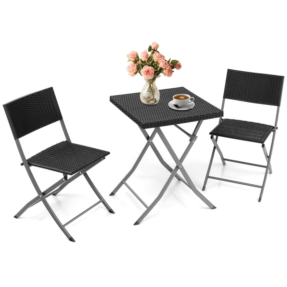 Gymax 3PCS Patio Bistro Set Folding Wicker Chairs & Table Outdoor Patio Furniture Set Black