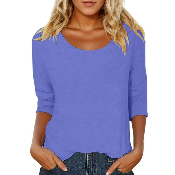Razzly Women's Casual T-Shirts - Versatile Solid Color Print Neck Low Cut 3/4 Sleeve Tops for Everyday Wear and(Purple,S)