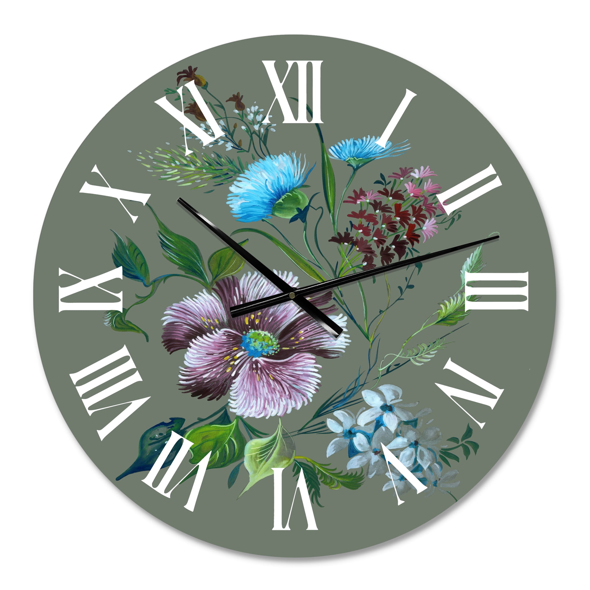 Designart 'Purple And Turquoise Spring Flowers' Traditional Wall Clock
