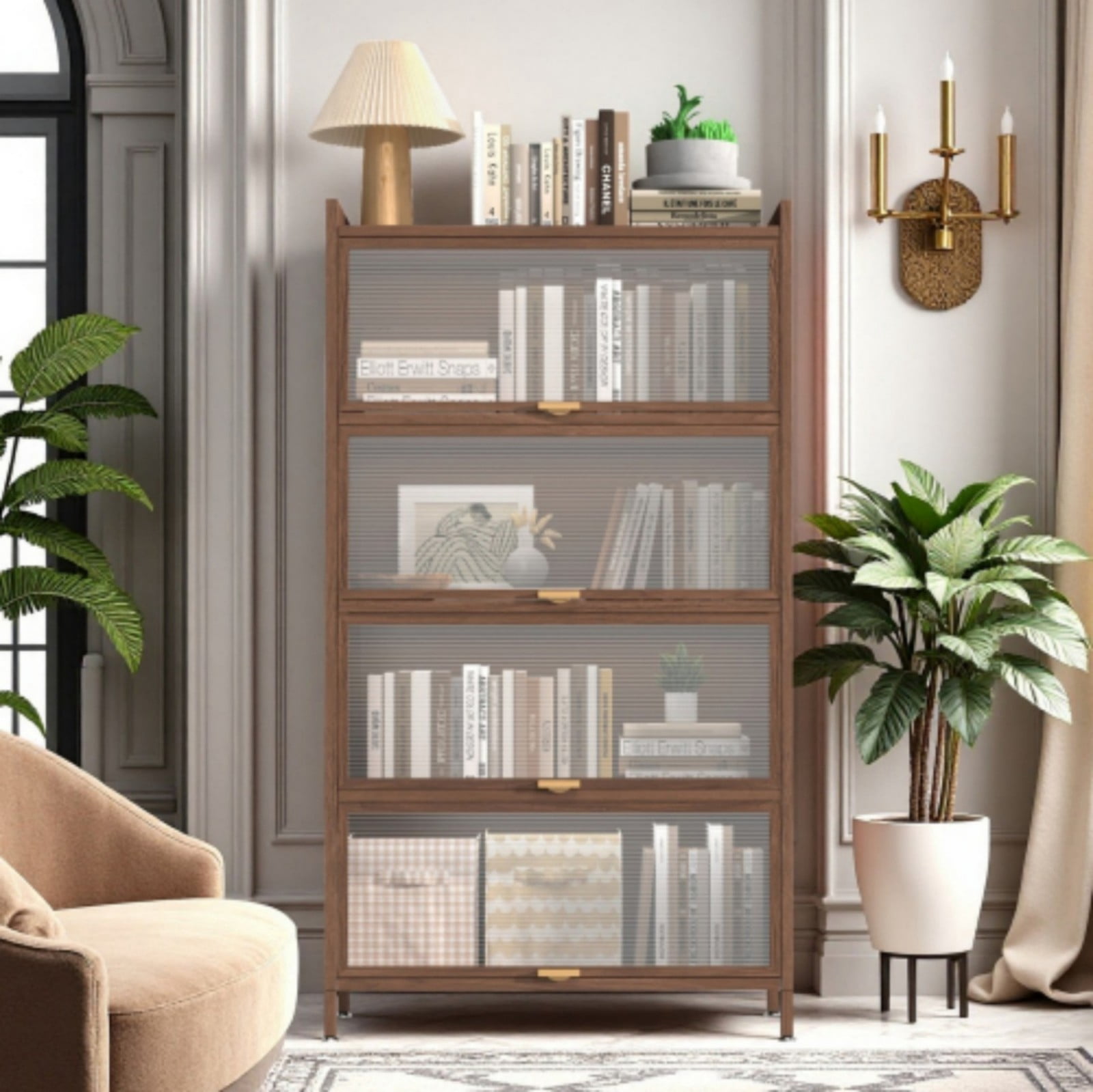 57" Tall Metal Storage Cabinet with 4 Flip Doors, Steel Freestanding Organizer with Ample Storage for Office Bedroom Living Room, Walnut