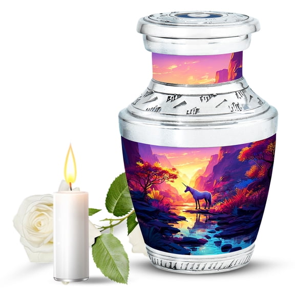 JAGASY Unicorn Small Urn for Sister, Pink Urns for Human Ashes Keepsake, Sunset Forest Trees & Mountain River Decorative Urns for Siblings, Miniature Cremation Urn for Brother, (3 Inch)