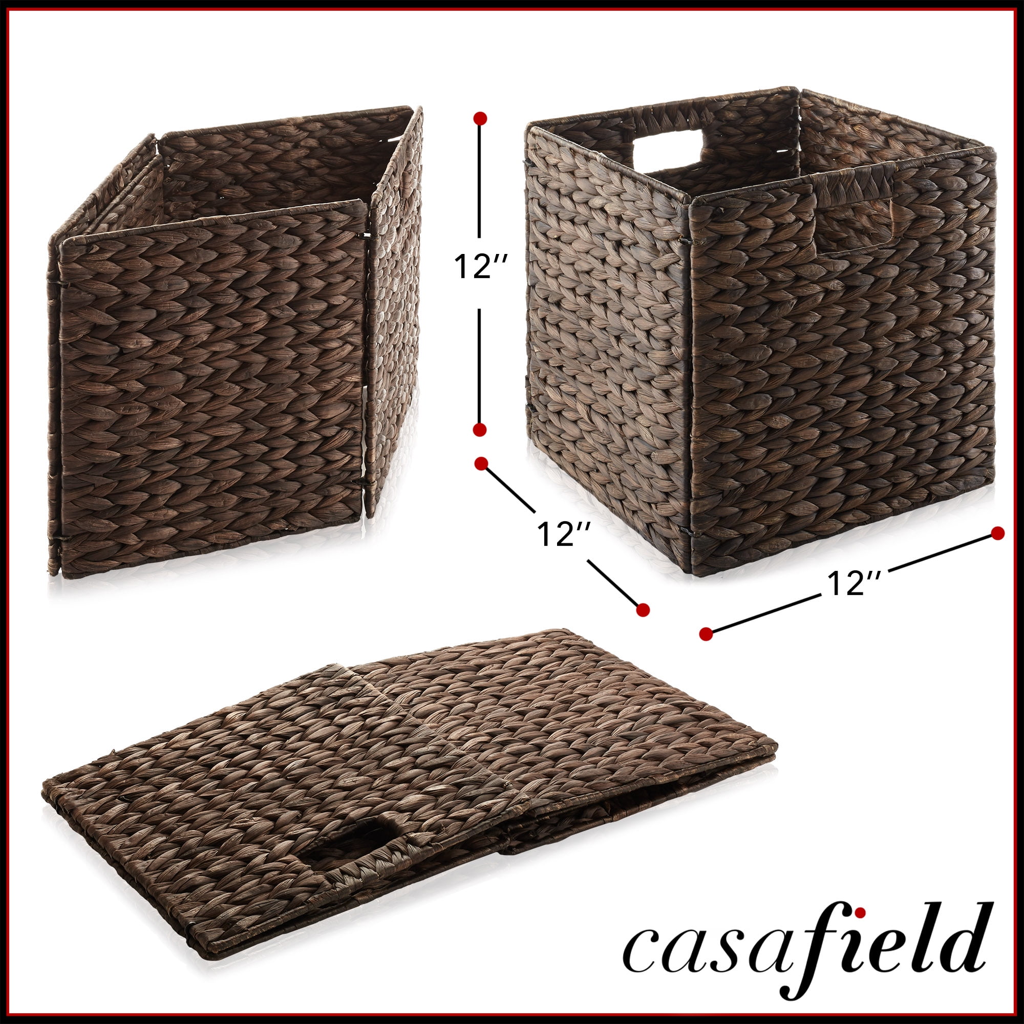 Casafield 12" x 12" Water Hyacinth Storage Baskets, Espresso - Set of 2 Collapsible Cube Organizers, Woven Bins for Bathroom, Bedroom, Laundry, Pantry, Shelves