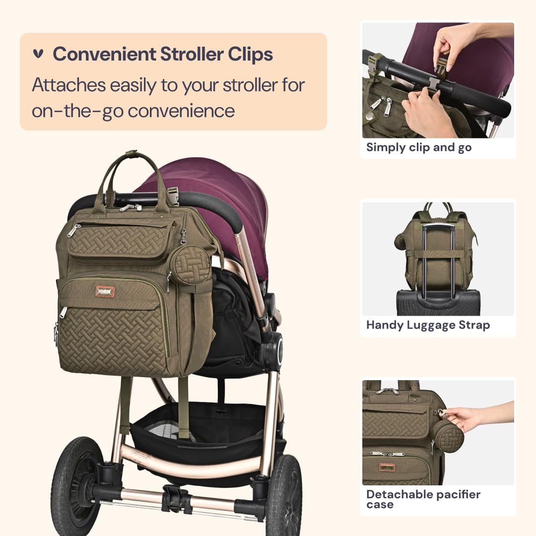 BabbleRoo Widetop Waterproof Diaper Backpack with Insulated Bottle Pockets, Polyester- Army Green