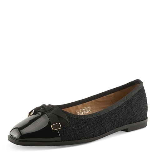 PATRIZIA AINOSA Women’s Ballet Flat – Boucle & Faux Patent Leather Slip-On with Bow Accent – Cushioned Insole for All-Day Comfort