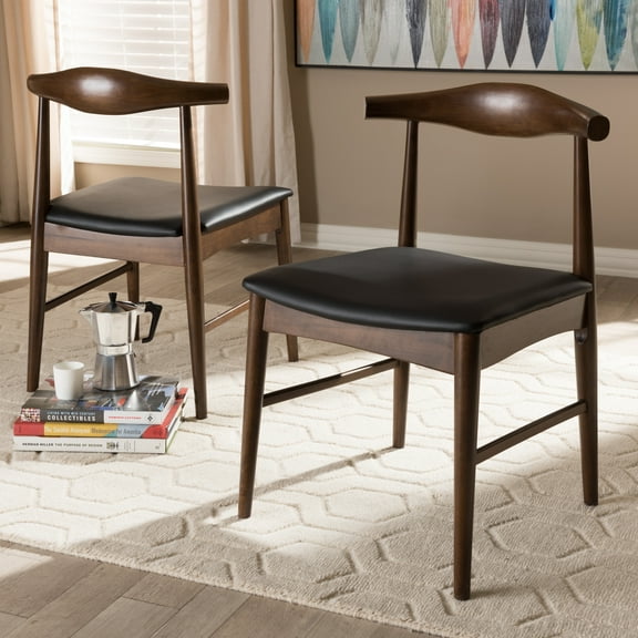 Contemporary Cool Walnut Wood Dining Chair Set, Mid-Century Modern, Solid Rubberwood, Faux Leather Seat, 19.88" W x 19.69" D x 29.33" H, Low-Profile Design