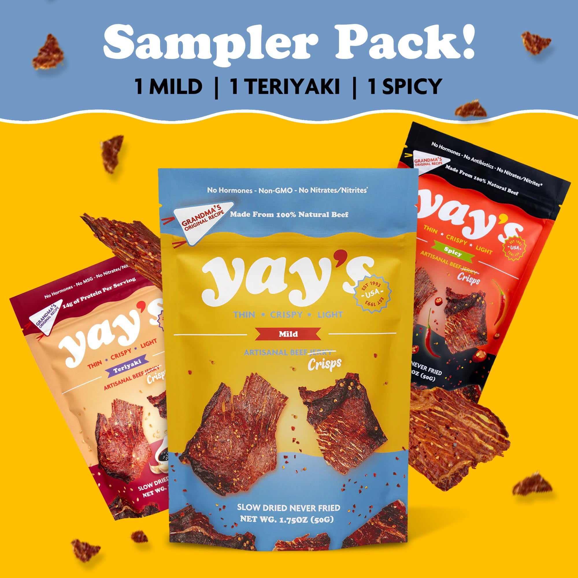 Yay's Snacks Sweet and Spicy Beef Crisps | High-Protein Ready-to-Eat Crispy Crunchy Chipped beef | Mild, Spicy, Teriyaki beef jerky snack packs, Non-GMO Healthy Meat Snack, Made in USA (1.75 oz) each
