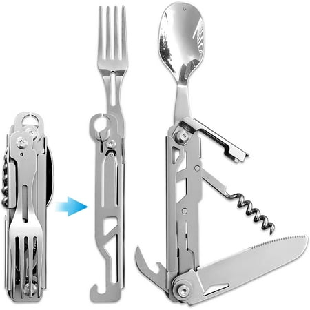 

Nertmon 6-in-1 Detachable Camping Utensils Flatware Set - Multi-Function Travel Pocket Cutlery Folding Spoon Fork Knife Wine Bottle Opener Can Opener Portable Combo Set (Stainless Steel)