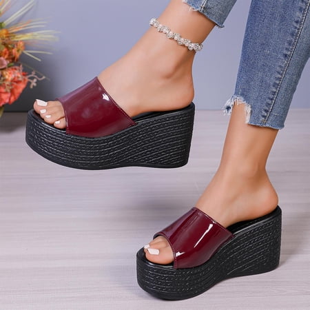 absuyy Womens Platform Wedge Slide Sandals, Wine Red Patent PU Open Toe Comfortable Slip-On Summer Shoes,Size 6.5