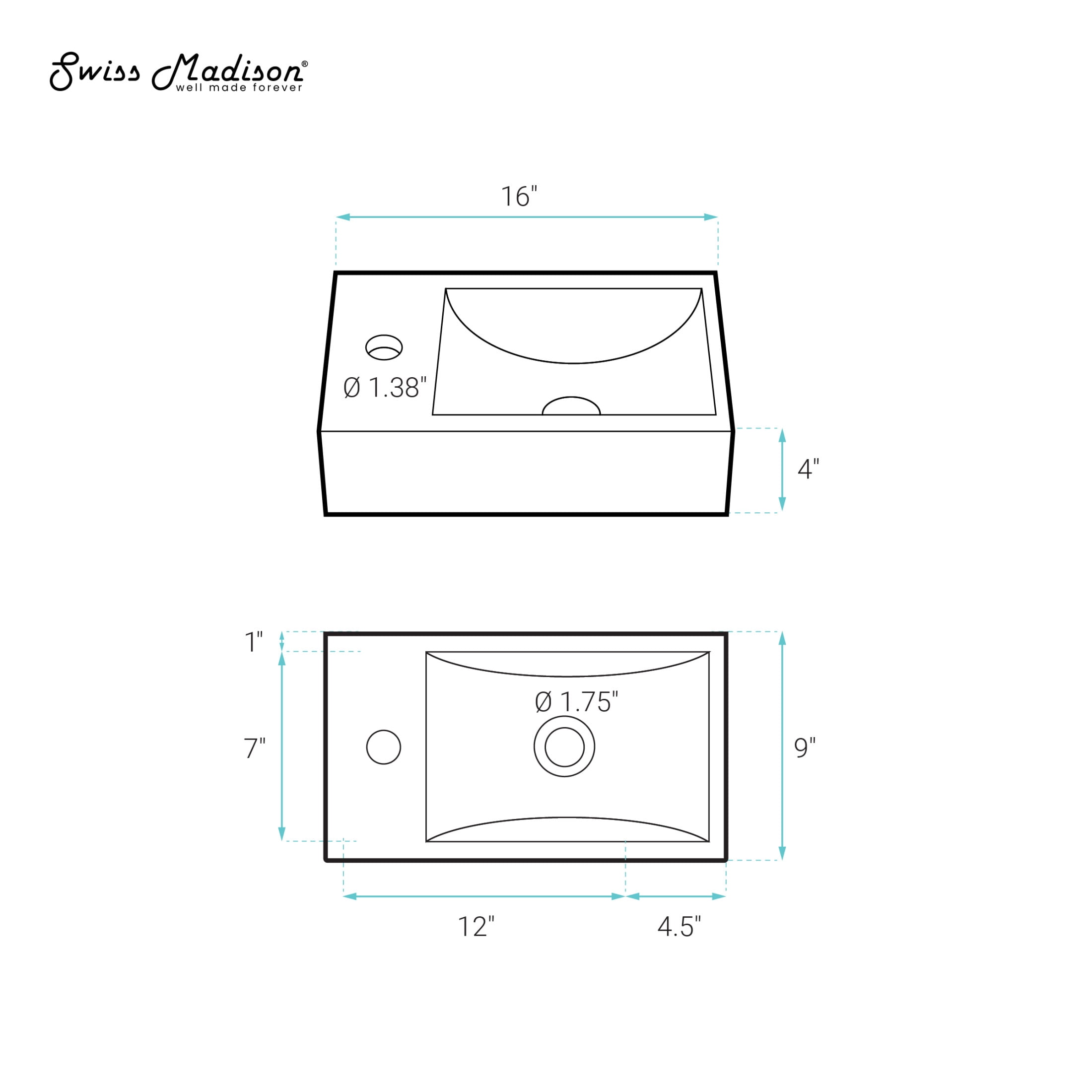Lisse 16" Concrete Rectangle Wall-Mounted Sink with Right Side Faucet Mount in Matte Royal Blue