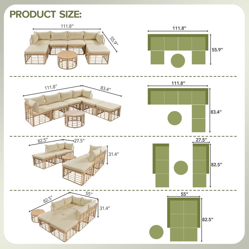 7-Piece Outdoor Sectional Sofa with Coffee Table and 2 Ottomans, Patio Furniture Set with Thick Cushions and Pillows, Outdoor Conversation Set for Garden Backyard