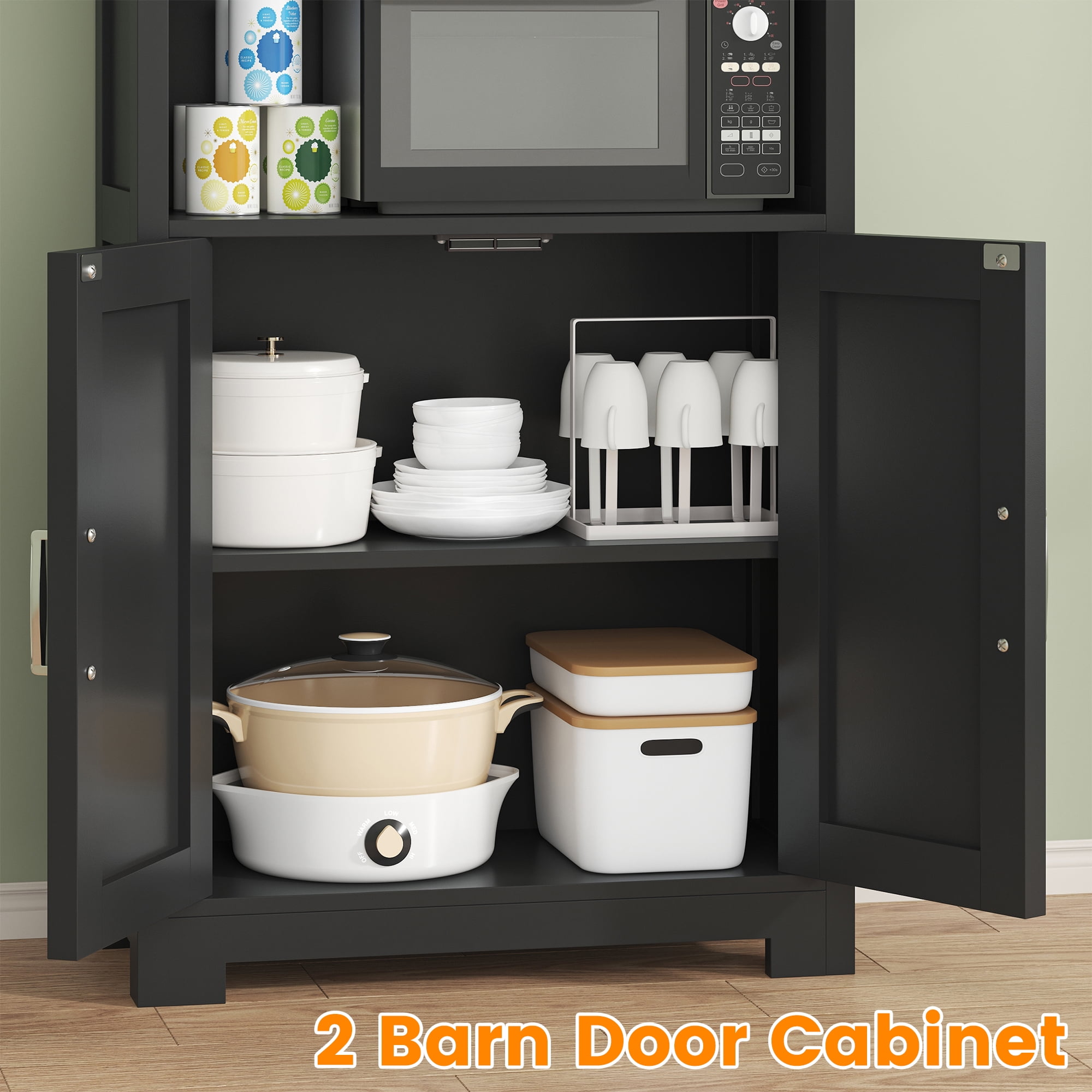 Casendy Kitchen Cabinet with Doors, Farmhouse Pantry Cabinet with Storage Shelf and Drawer, Wooden Kitchen Cupboard Cabinets for Dining Room, Living Room, Black