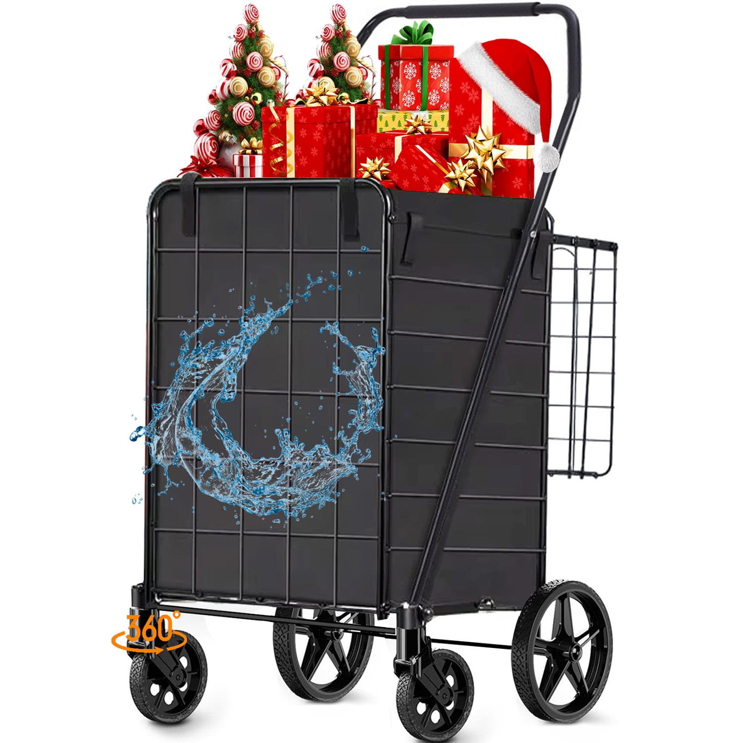 Camkey Folding Shopping Cart, Utility Trolley Grocery Cart with Removable Basket and Swivel Wheel, Black