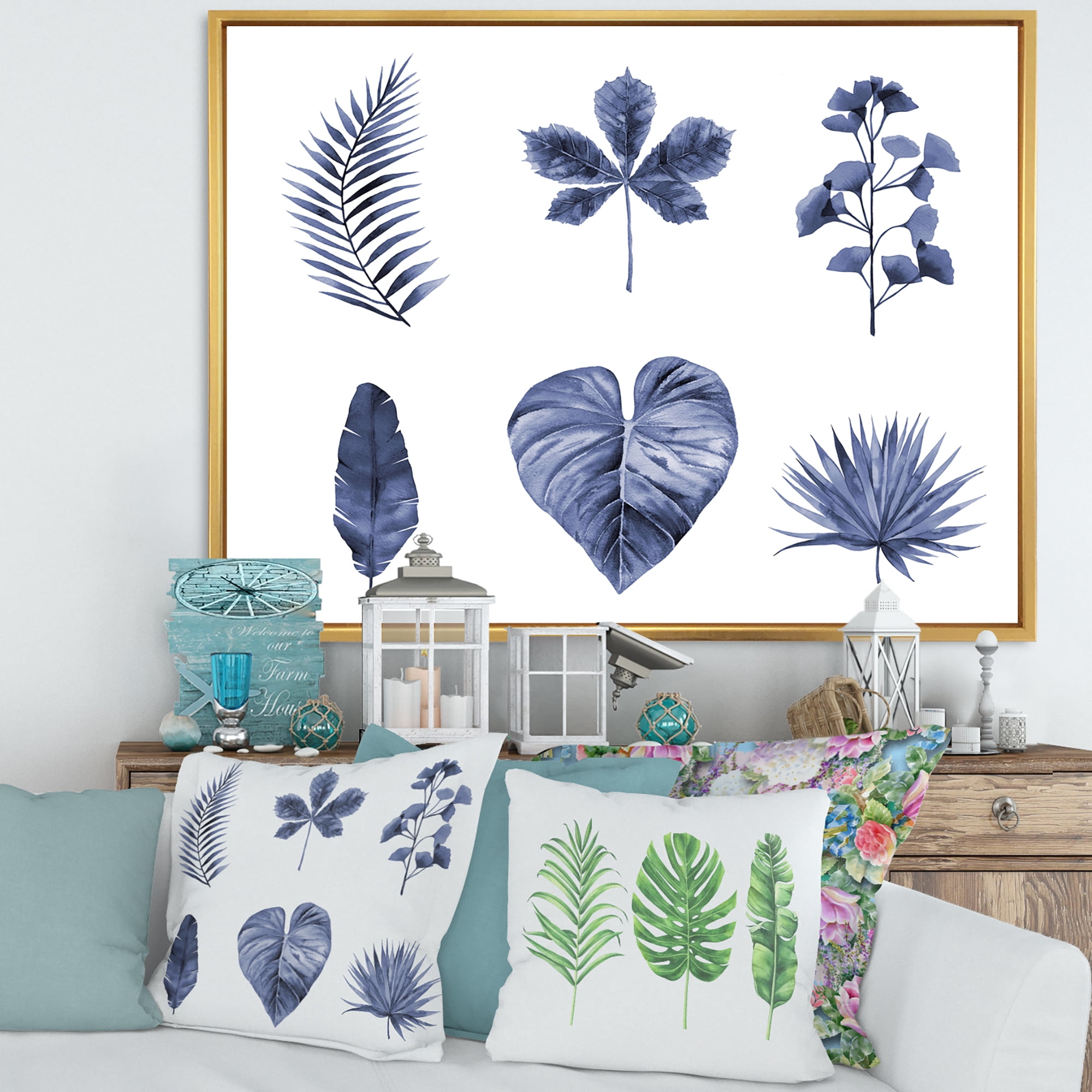 Designart 'Abstract Set Of Plant Leaves Blue' Traditional Framed Canvas Wall Art Print