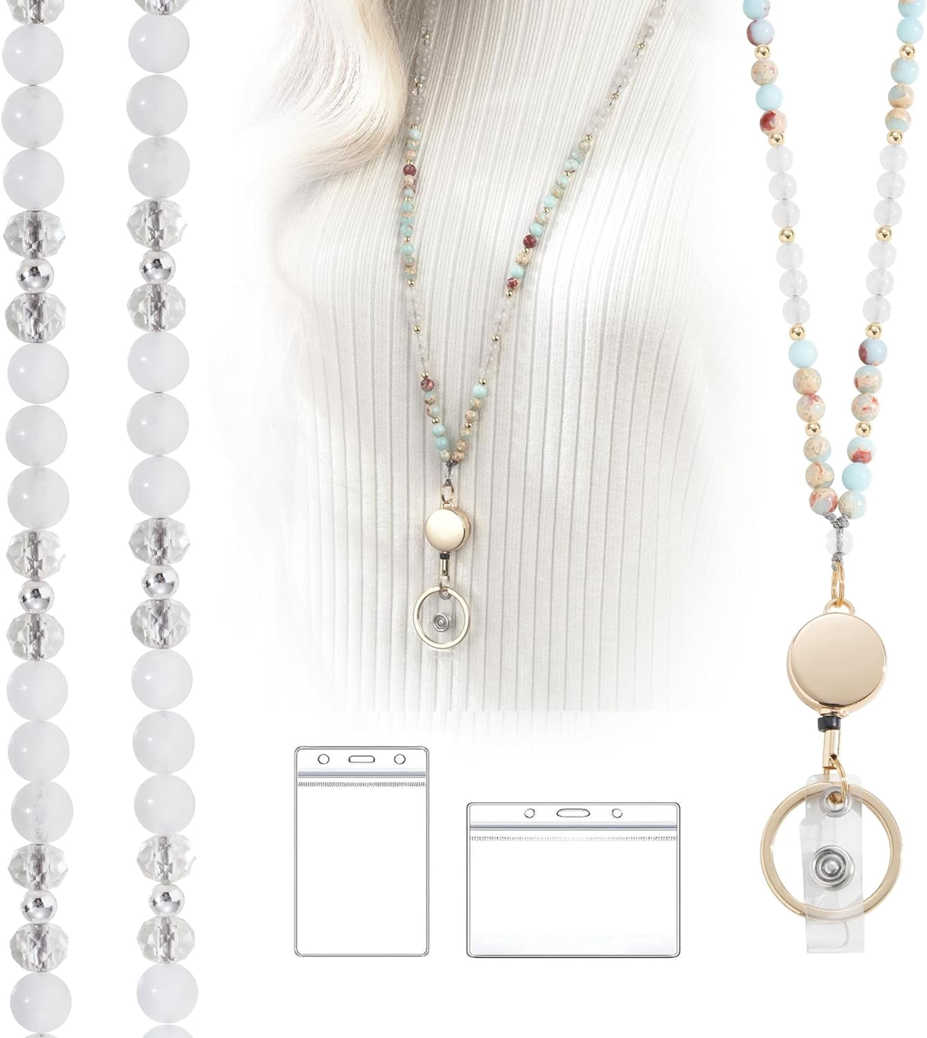 Lanyards for ID Badges and Keys, Retractable Beaded Lanyards for Women Natural Stone, Cute Teacher Lanyard with ID Holder Light Cyan