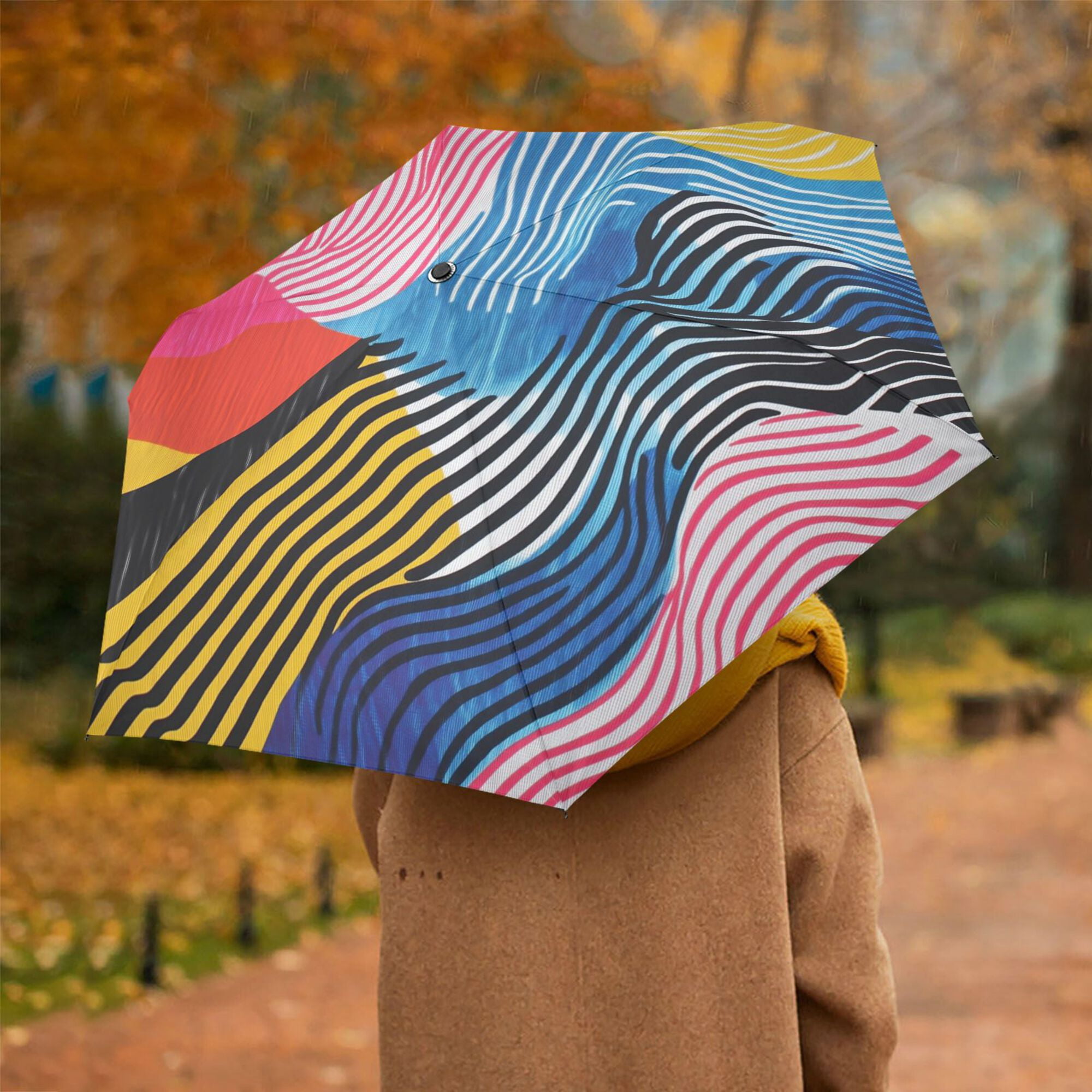 FORMRS Travel Umbrella Folding Auto Open Close Windproof Rain UV Protection, Stripes Pattern