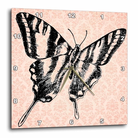 3drose, Pretty Pink Damask Butterfly, 10x10 Wall Clock