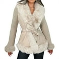 thumbnail image 3 of Women'S Faux Leather Jacket with Faux Fur Collar, Winter Long Sleeve Furry Trim Peplum Parka Coat with Belt Beige M, 3 of 9