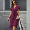 thumbnail image 5 of CIENVNSTG Womens Dresses Mid Length Dresses a Line Vestidos Slim Fit V Neck Short Sleeve Tight Waist Elegant Splice Lace Up Bow Summer Dress Cover Up Formal Purple S, 5 of 7
