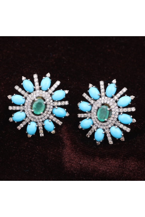 Natural Emerald Turquoise,Diamond Gemstone 925 Sterling Silver Earrings
