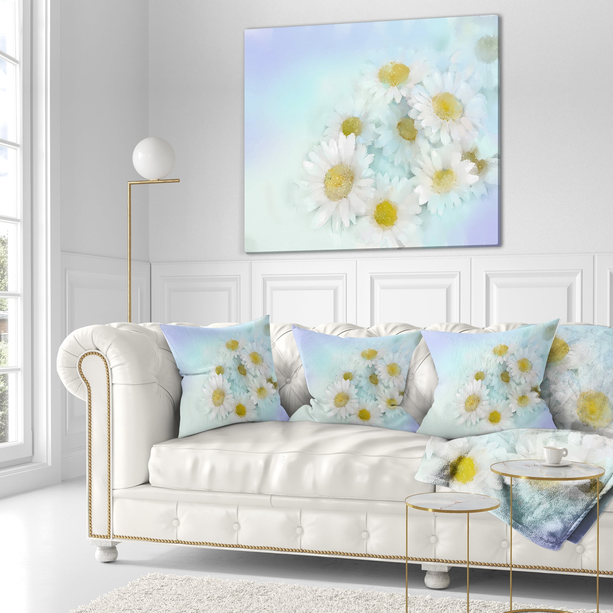 Designart White Gerbera Flowers on Light Blue - Floral Throw Pillow - 16x16