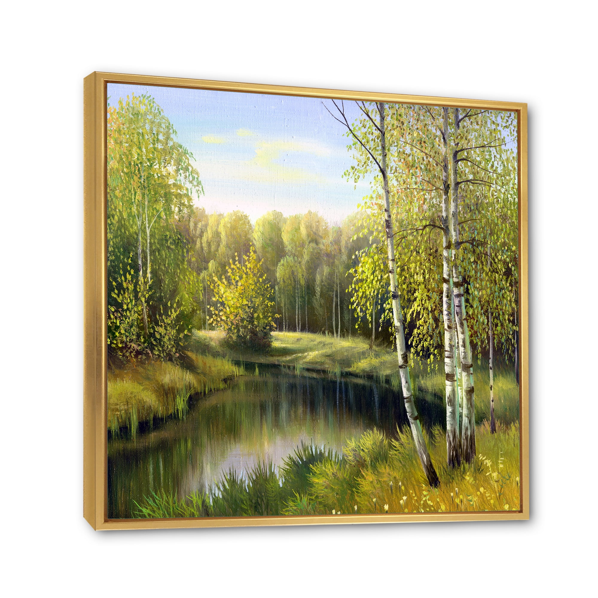 Designart 'The River In Silent Green Nature Through Birches' Traditional Framed Canvas Wall Art Print