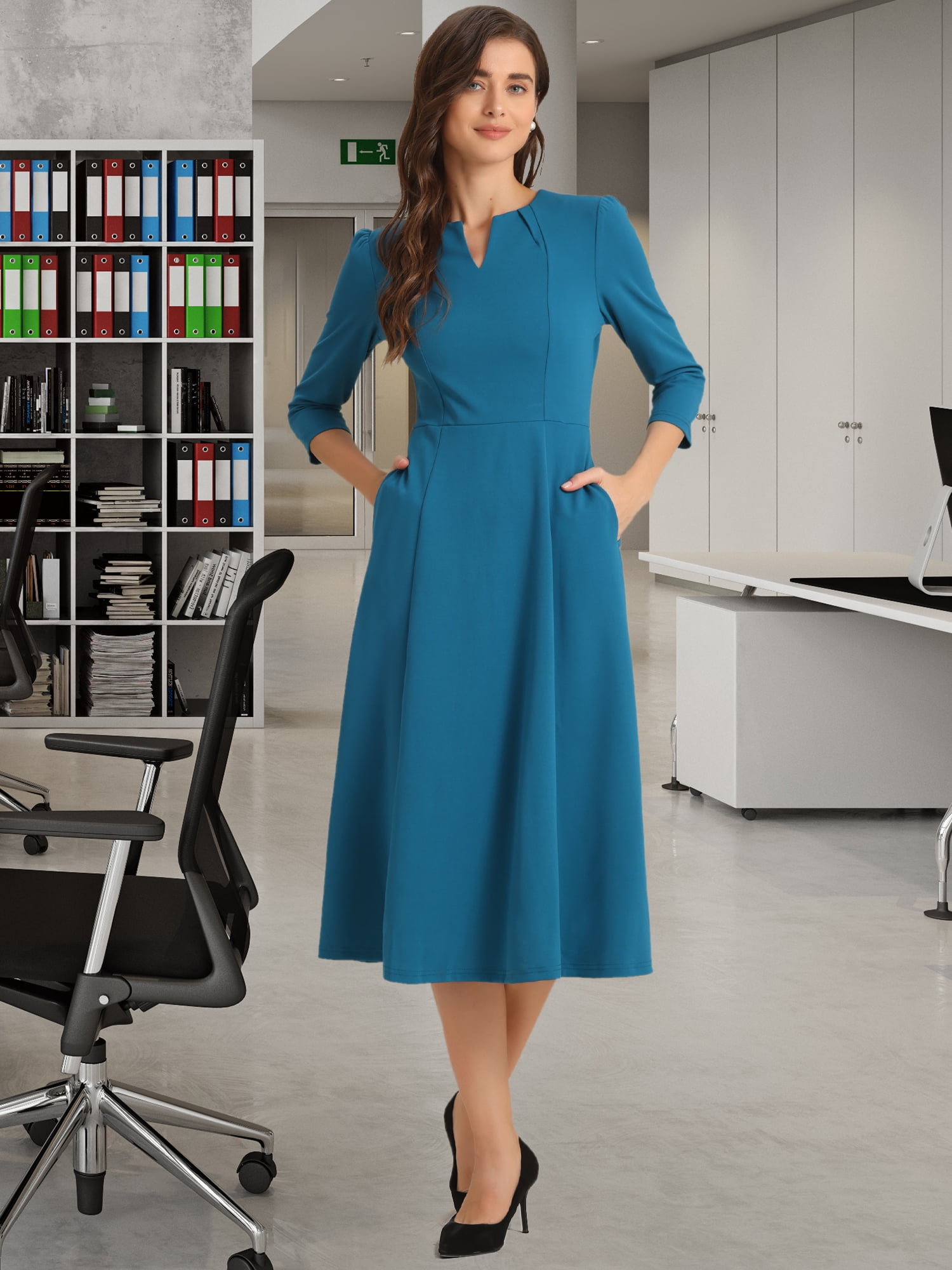 DARING DIVA Work Office Elegant 3/4 Sleeve V Neck A-Line Dress XL Peacock Blue