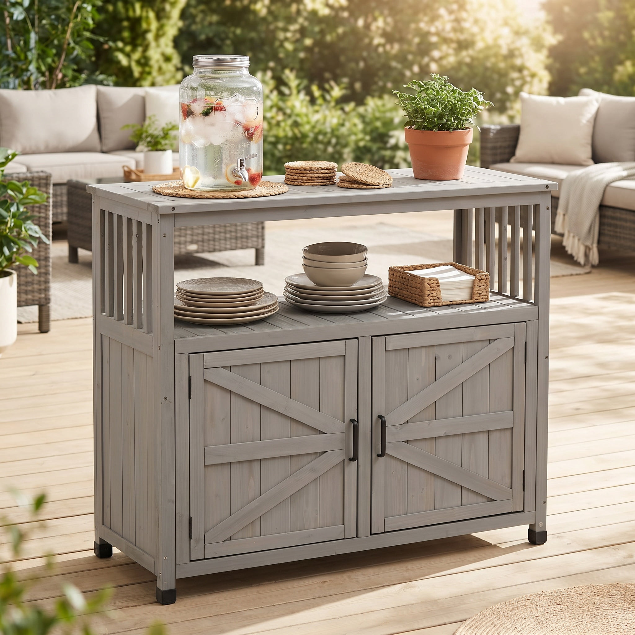Wooden Patio Bar Set, Sideboard Storage Cabinet Combination Furniture for Indoor Outdoor Garden Backyard, Grey