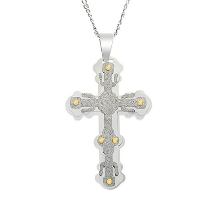 Mens Two Tone Intricate Cross Square Curb Chain Necklace in Stainless Steel