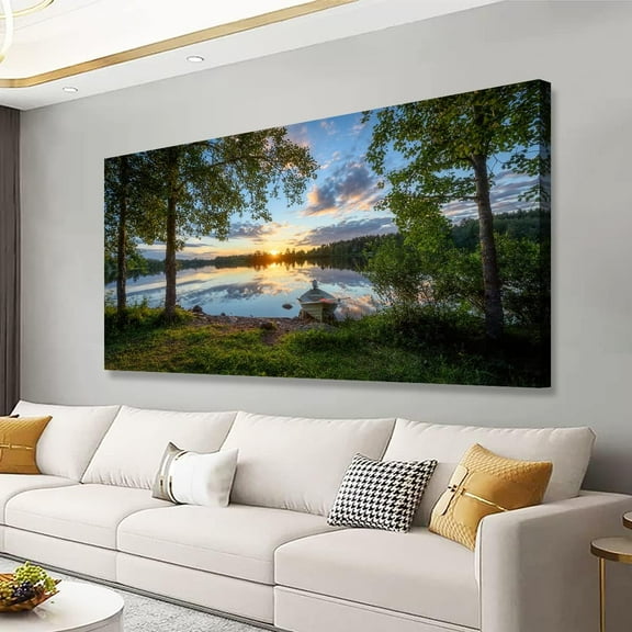 VELVET Tree Canvas Wall Art of a Sunrise Over a Forest Lake Naturespired Painting Perfect for Wall Decoration Living Room and Bedroom Trees and Landscape Picture Artwork Prints 14x11inch Framed