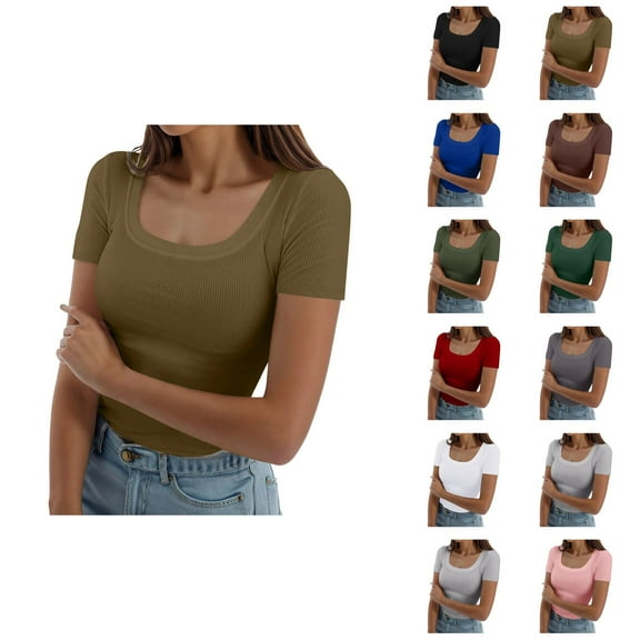 Basic T Shirts for Women 2025 Short Sleeve Square Neck Slim Fit Ribbed Knit Casual Plain Tshirt Womens T Shirts