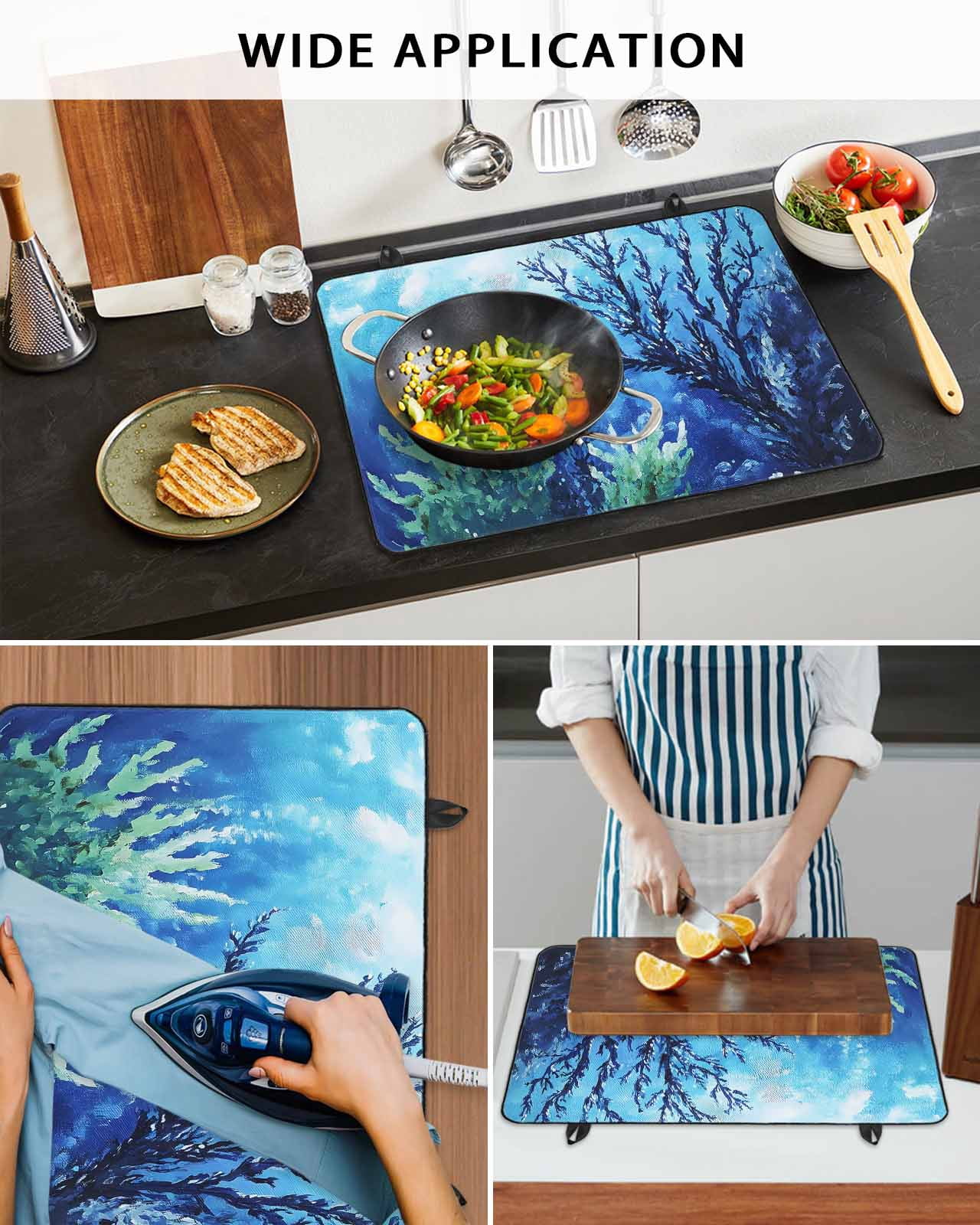 nqOlkjepod Large Induction Cooktop Protector Mat 24"x21", Blue Green Coral Stove Top Covers for Electric Stove, Summer Watercolor Ocean Plant Stove Burner Cover Mats, Glass Top Stove Cover