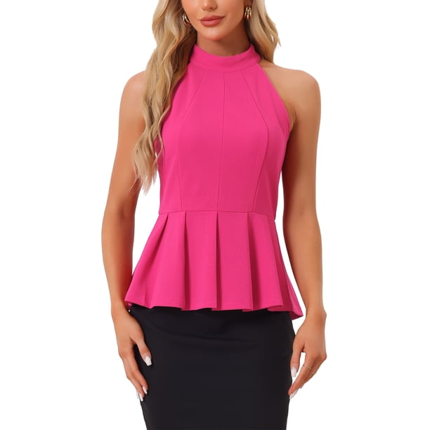 INSPIRAR CHIC Blusa sin mangas de verano para mujer con cuello halter plisado peplum XL Rosa intenso