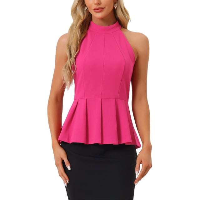 INSPIRAR CHIC Blusa sin mangas de verano para mujer con cuello halter plisado y peplum en color rosa intenso