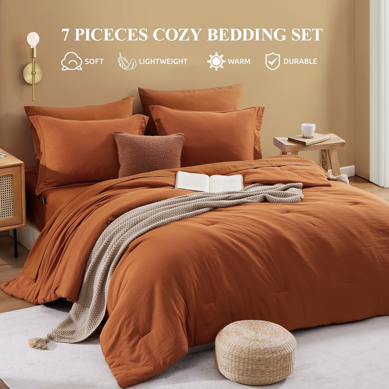 Amberspace Prewashed fabric 7-piece Bed in a Bag Comforter Set with Sheets,Burnt Orange,Queen
