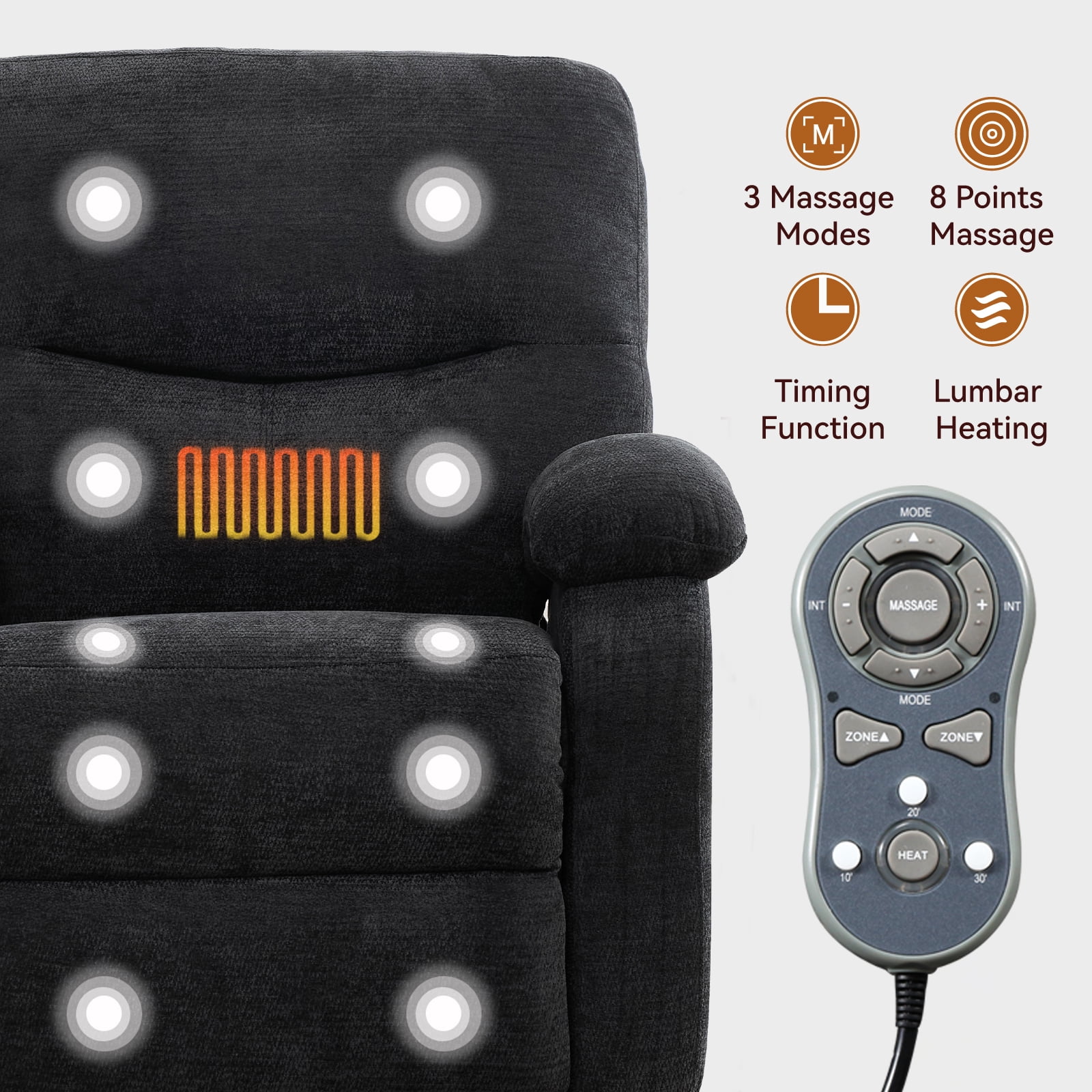 Miniyam 360° Swivel Rocking Recliner Chair with Massage and Heat, Black Chenille with Side Pocket and Footrest