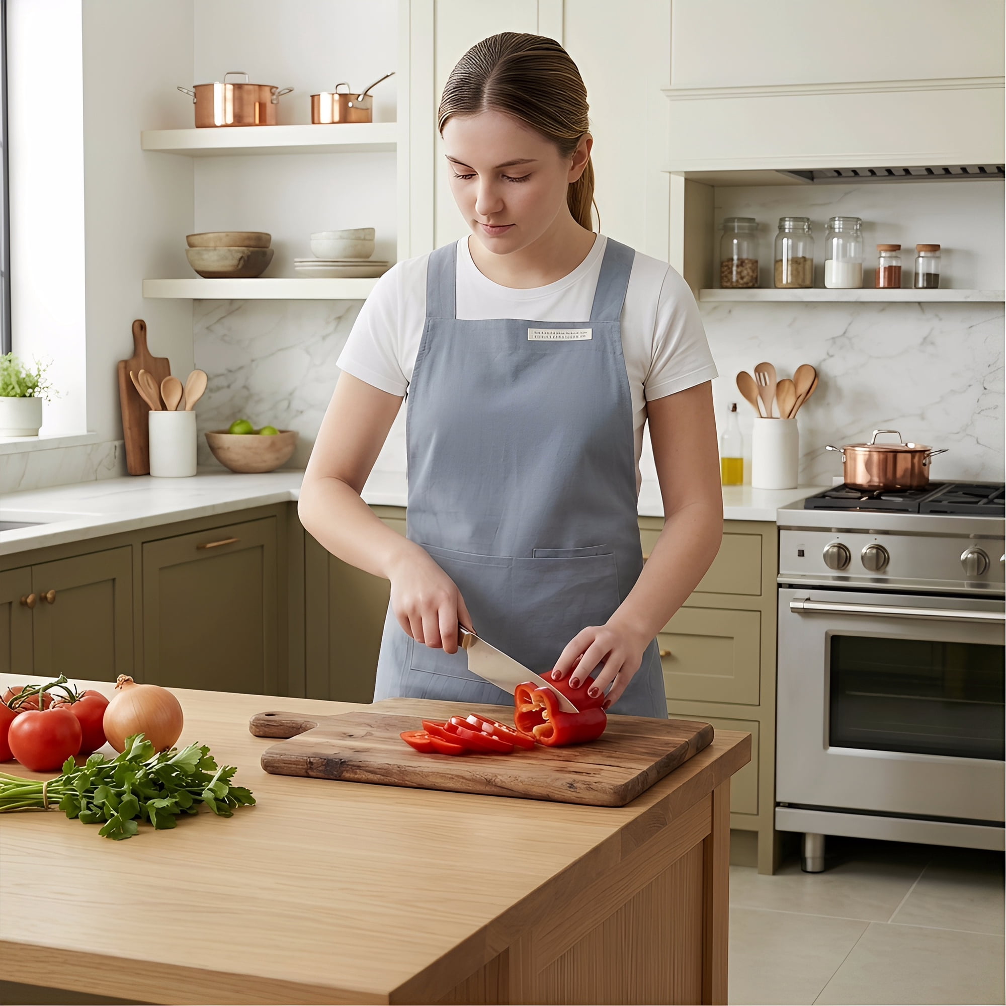 Unique Bargains Women with Pockets Kitchen Apron Cotton Cooking Apron 31.4x41.3in Gray