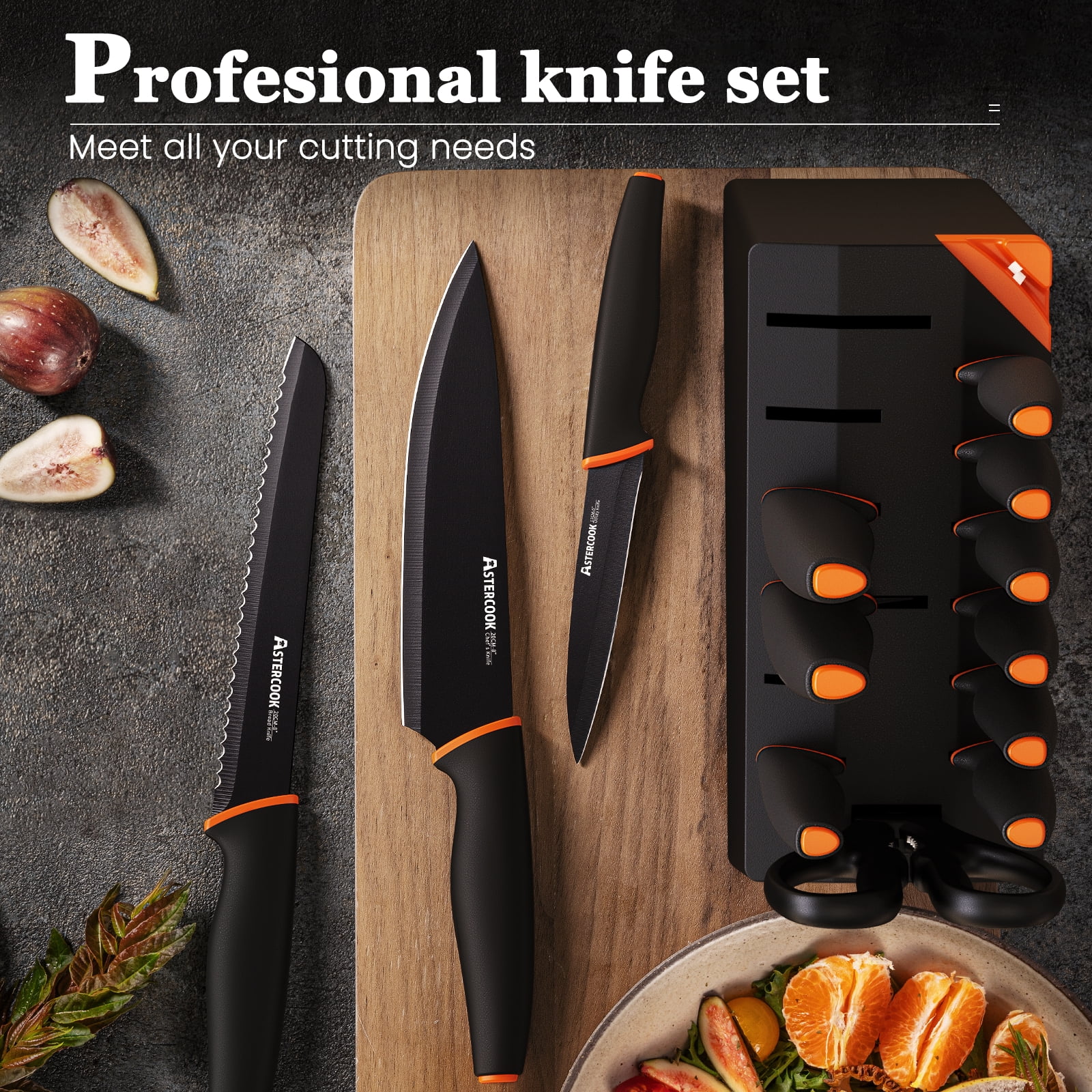Astercook 14-Piece Kitchen Knife Set with Block, High Carbon German Stainless Steel, Built-in Sharpener, Dishwasher Safe, Black