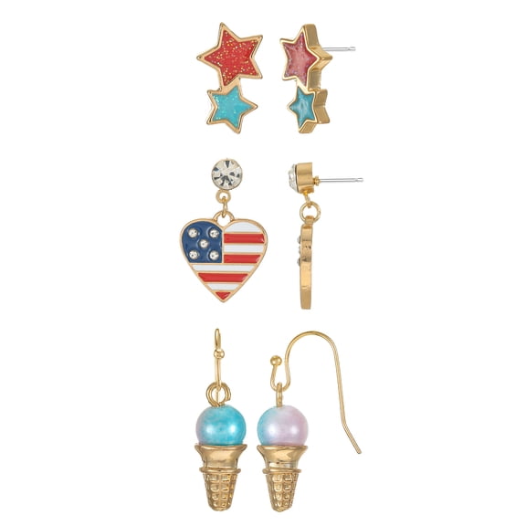 Way to Celebrate Americana Patriotic Star, Heart, and Ice Cream Earring Trio