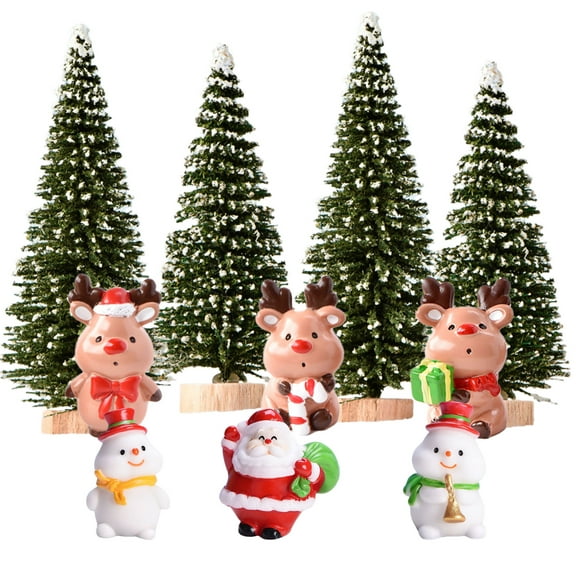 Christmas Miniature Scene Decor Set - 10pcs Festive Figurines & Trees for Holiday Displays