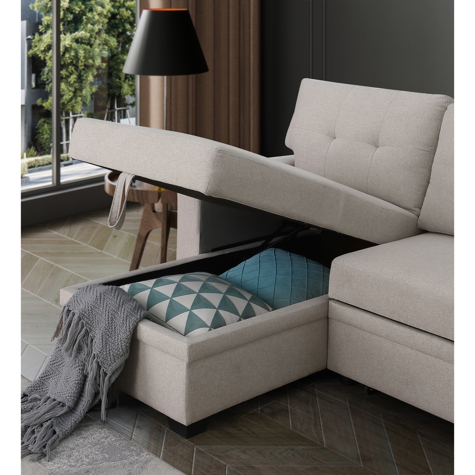 Hommoo 2 in 1 Pull Out Couch Bed Upholstered Sectional Sofa with Storage & Chaise, Convertible L Shaped Sleeper Sofa for Home,Beige