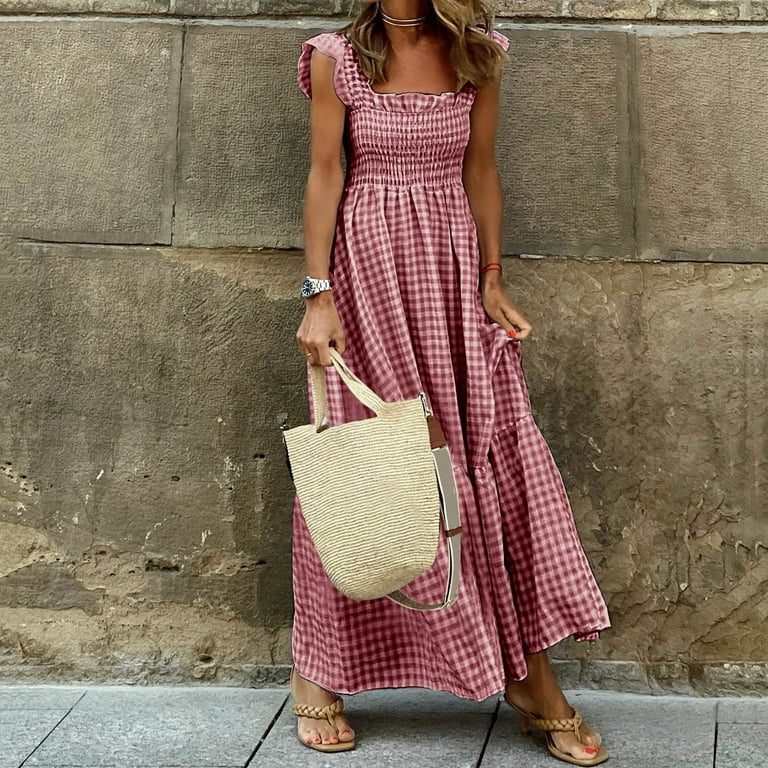 felwors Women's Retro Plaid Smocked Dress Spaghetti Strap Flounce