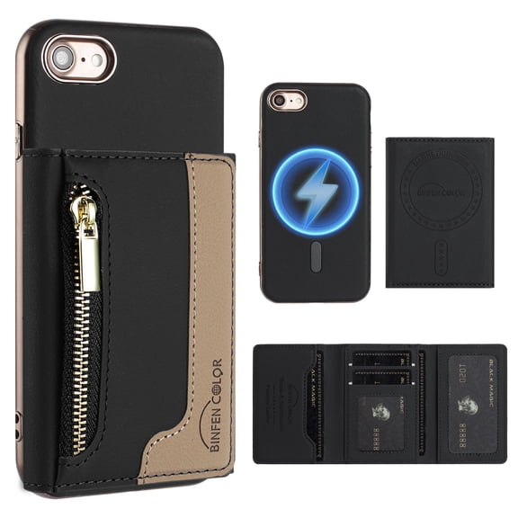 Dteck Magnetic Case for iPhone SE (2022/2020) /iPhone 8 /iPhone 7 Case, 2 in 1 Wallet Case Detachable Card Holder,Compatible with MagSafe,PU Leather RFID Blocking Credit Slots Zipper Pocket,Black