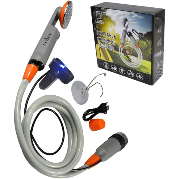 Douche de Camping Portable, Pompe de Douche Compacte avec Batterie Rechargeable USB, Pommeau de Douche Portatif pour Camping, Randonnée, Voyage, avec Pompe 3.7v, Tuyau de 6 Pieds
