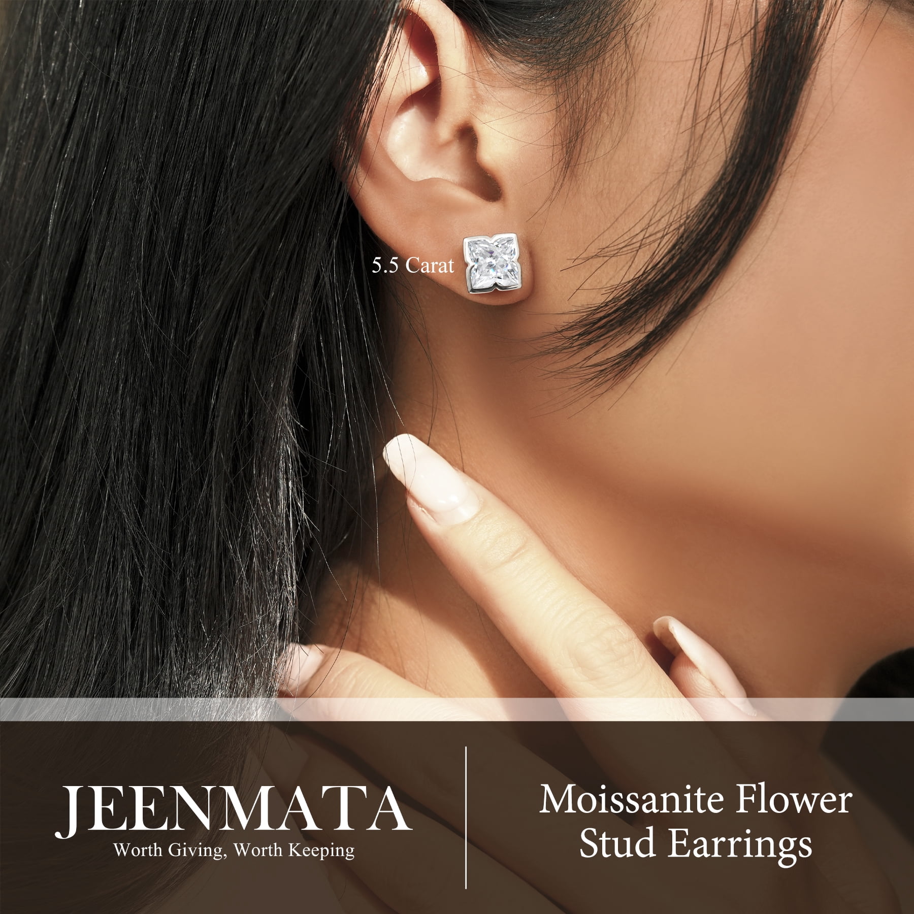 JeenMata 5.5 Carat Moissanite Flower Stud Earrings - 18K White Gold Plating for Women