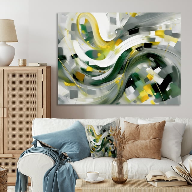 Designart Abstract wall art Print, Abstracted Perspectives in Yellow and Green I , Abstract Large Wall art decor, Yellow Modern Canvas wall art, 44x34 inches